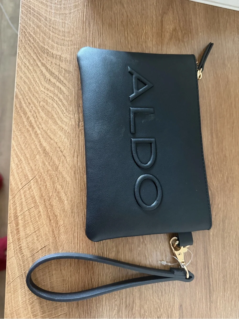 Aldo Black Embossed Leather Wristlet Clutch with Gold Hardware